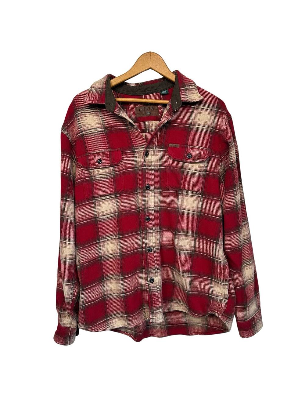 Orvis Classic Collection Men’s Red Beige Plaid Flannel Heavy Shacket Size Large